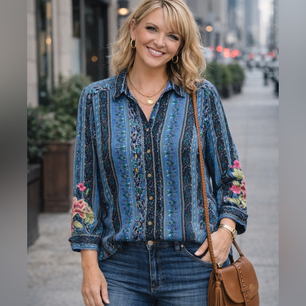 Floral Embroidered Blue Blouse